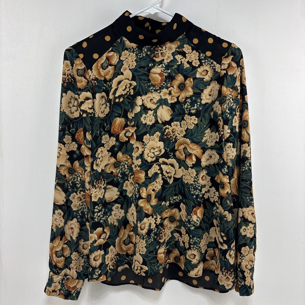 Zara Floral Polka Dot‎ Print Womens Blouse Size M Dark Academia High Neck